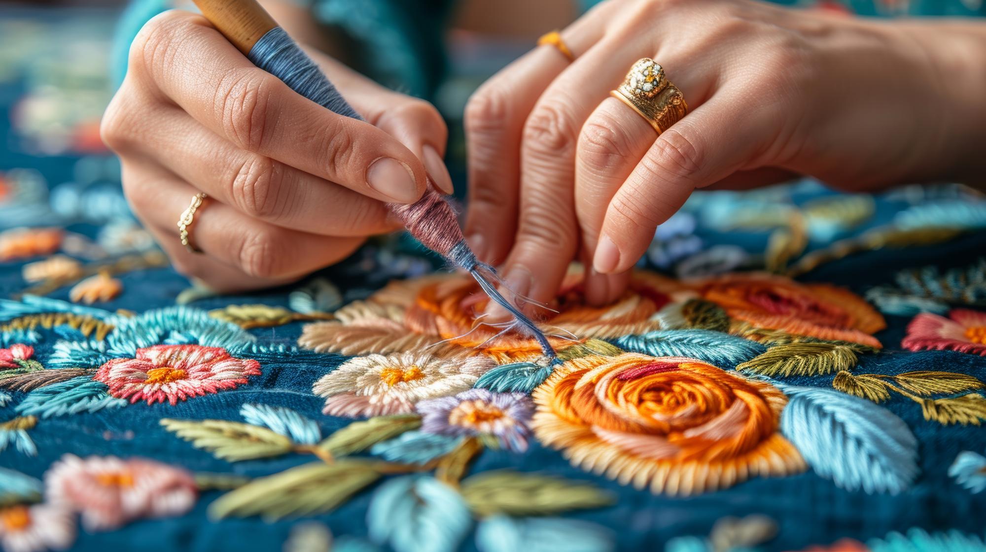artisan at work stitching a floral panel